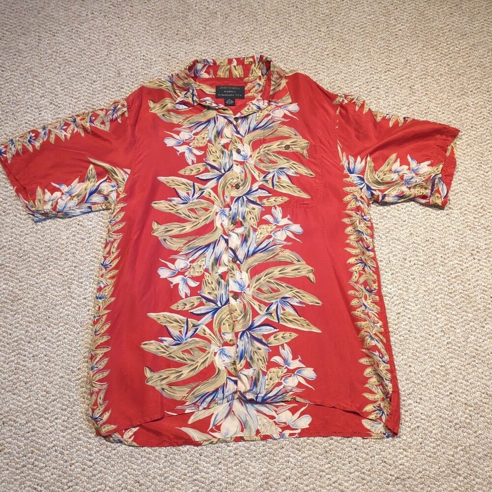 Silk Traders Hawaiian Shirt Mens XL Red Silk Beach Floral Resort Button Up
